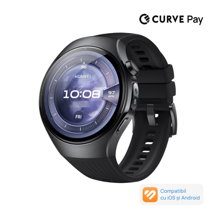 Smartwatch HUAWEI Watch 5 46mm, Black Stainless Steel Case with Black Fluoroelastomer Strap, Health Glance, GPS