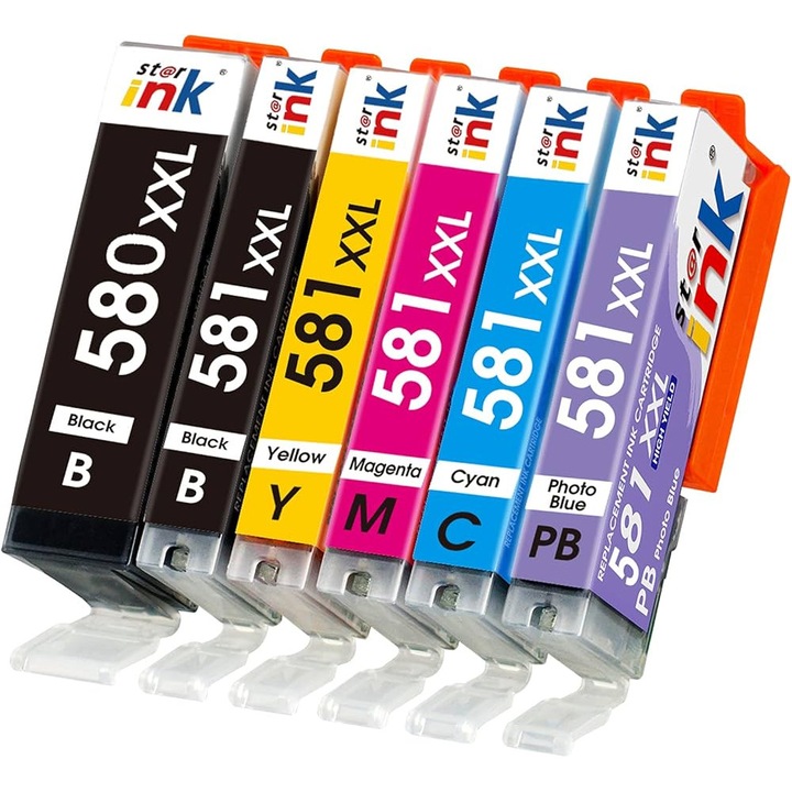 Set de 6 Cartuse inkjet 580XXL 581XXL Negru.Albastru.Rosu, Galben, Foto Blue 1500 Pagini Multicolor Compatibile Canon TS6150, 8150, 9150, TR7550, 8550