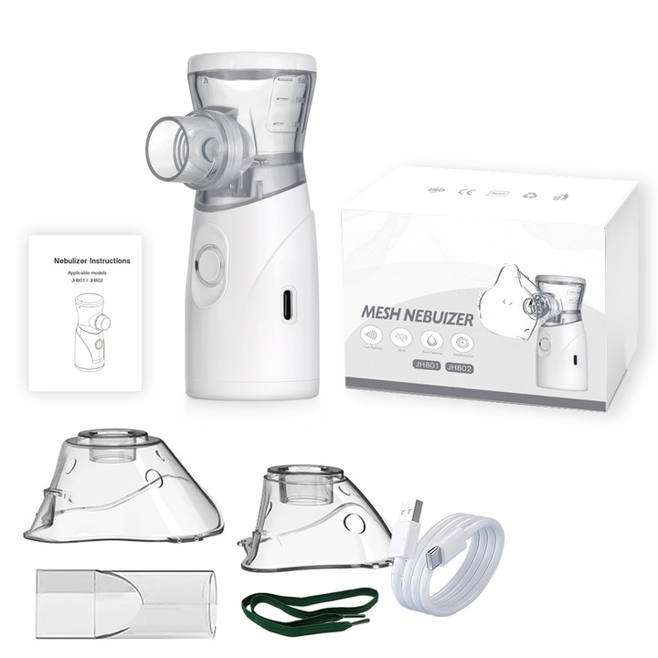Aparat Aerosoli Portabil Silentios Inhalator Nebulizator Mesh Ultrasonic, Aerosoli Copii & Adulti, Aparat Aerosoli, Nebulizator Ultrasonic, Portabil, Ultra Silentios, Reincarcabil, Alb