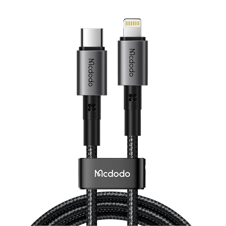 Lightning - USB-C kábel, gyorstöltés 36W PD 3.0, E-Marker chip / intelligens kézfogás, kompatibilis iPhone, iPad, iPod, Apple CarPlay készülékekkel, ZAITEK McDodo, fekete, 1,8m