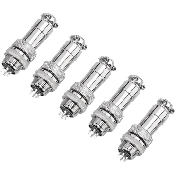 Set 5 conectori aviatic GX12, 7 poli, argintiu, 7A, 220V