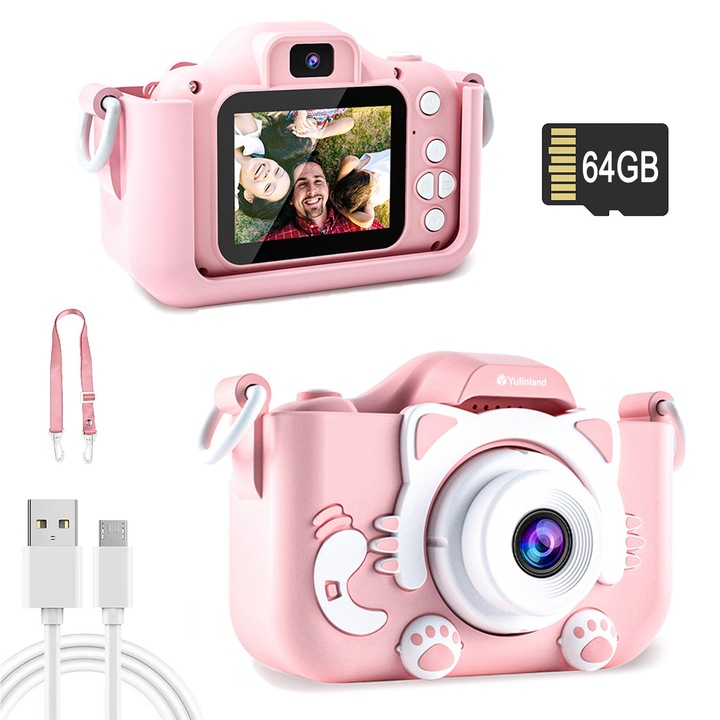 Camera foto digitala pentru copii, Yulinland®, 96 milioane px, 2.0 inch, 64G, cu o rezolutie HD 1080P, dual camera, functie foto/video, Curea Detasabil, protectie silicon, 1000 mAh, Roz