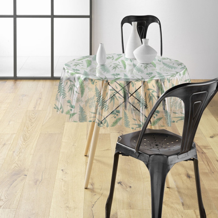 Fata de masa PVC transparenta cu model plante AUREA, Ø 140 cm