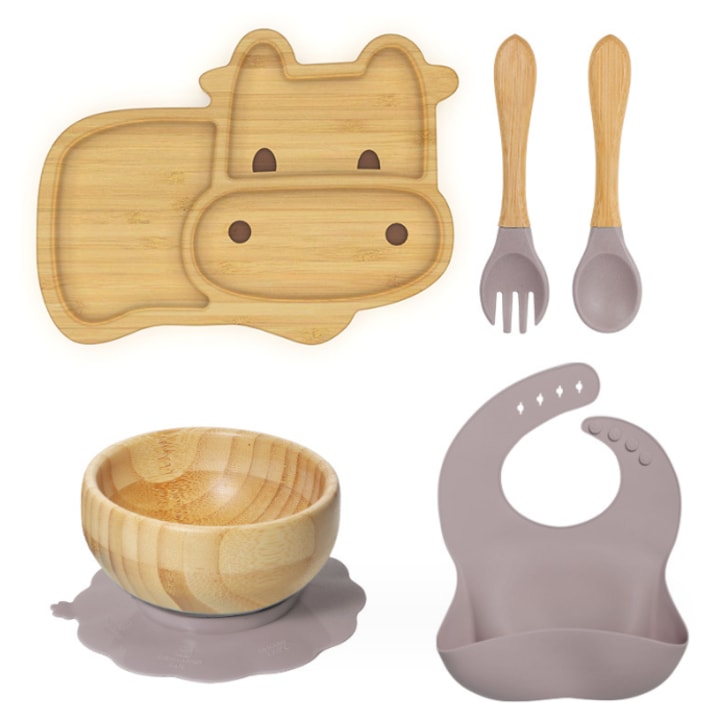 Set de vesela pentru copii din bambus cu bol cu ventuza, farfurie compartimentata, furculita si lingurita pentru mancare suplimentara, si bentita din silicon AleFla Eshop