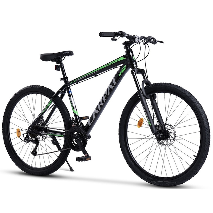 Bicicleta MTB cu roti de 27 "5", Suspensie fata, Manete Secventiale, Frane DISC-fata/spate, 21 Viteze, negru/argintiu/verde, Mountain Bike Carpat Spartan 2.7 cu Cadru din Aluminiu