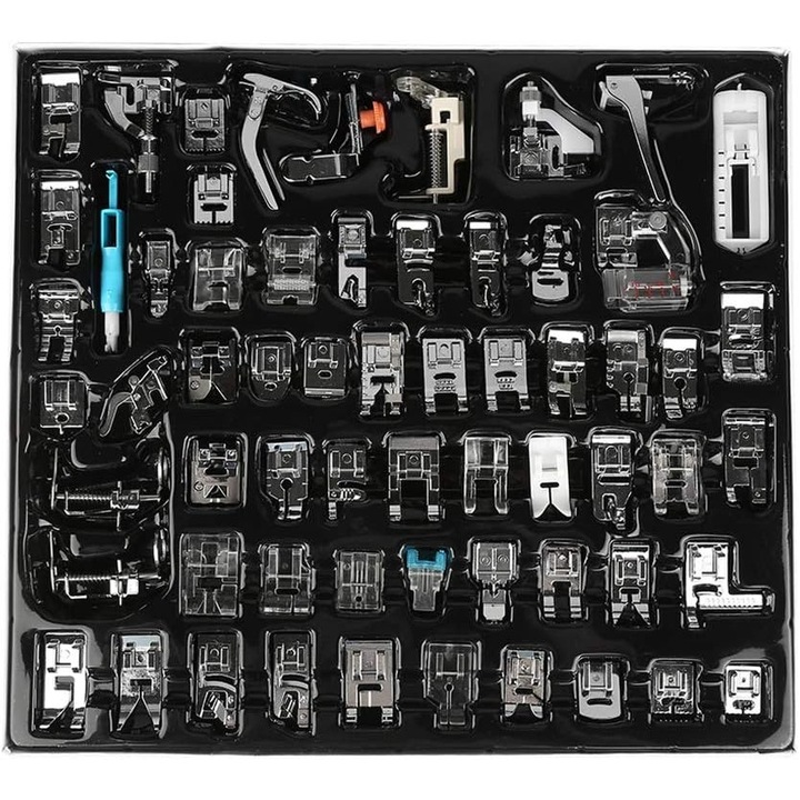 Многофункционален комплект крачета за шевни машини, Enforose, 62 части, от неръждаема стомана, за извити шевове, съвместим с машини с ниска дръжка