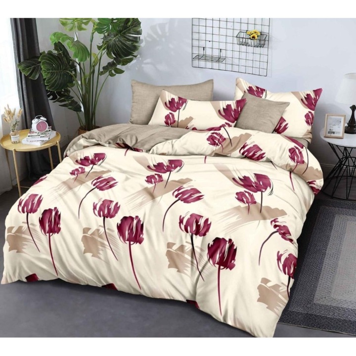 Lenjerie de Pat Dublu, 6 Piese, 2 persoane, 180x200cm, Finet, Imprimeu Lalele Pictate, Multicolor