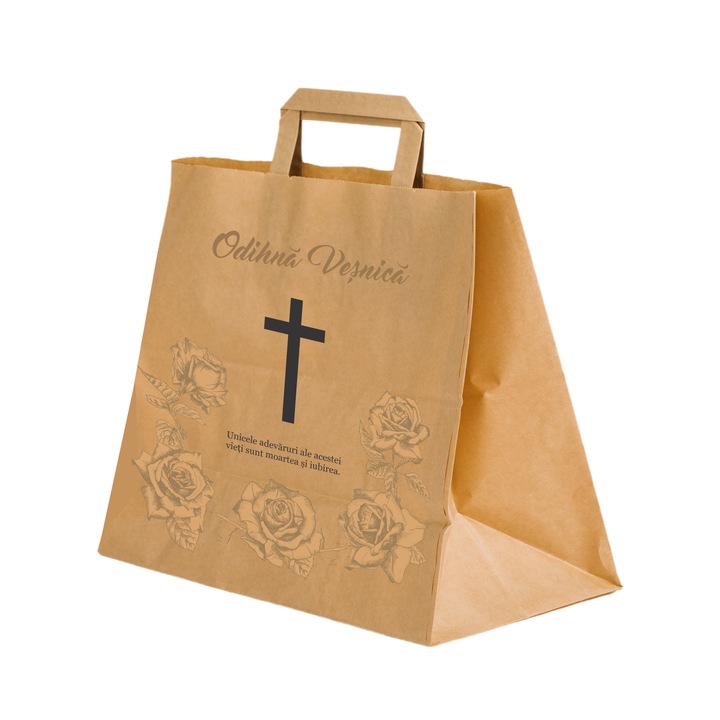 Set 500 bucati Pungi Hartie pentru parastase, comemorari, inmormantari Odihna Vesnica, 32 x 27 x 21cm, kraft Natur, Model 2