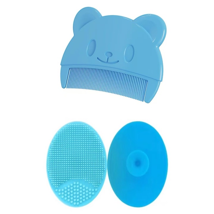 Perie de baie si Pieptan, LemonadeNovo®, Bebelusi pentru indepartarea crustelor, Silicon, Albastru