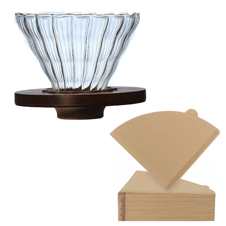 Set picurator cafea/300 hartie filtru, JESWO, Sticla/Hartie, Transparent/Maro