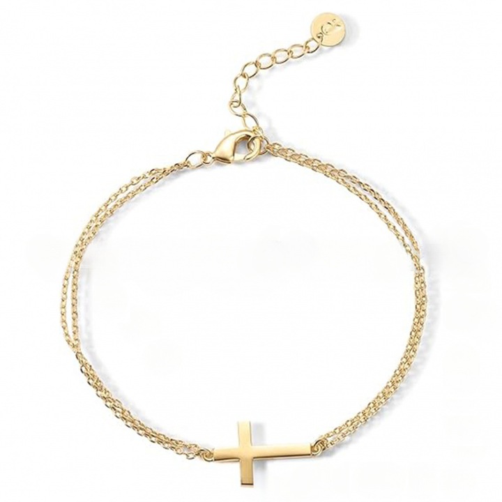 Bratara pentru femei - Cruce, Bratara religioasa patrata Zircon Station, Placat cu aur, Cadou perfect, Bratara Inox
