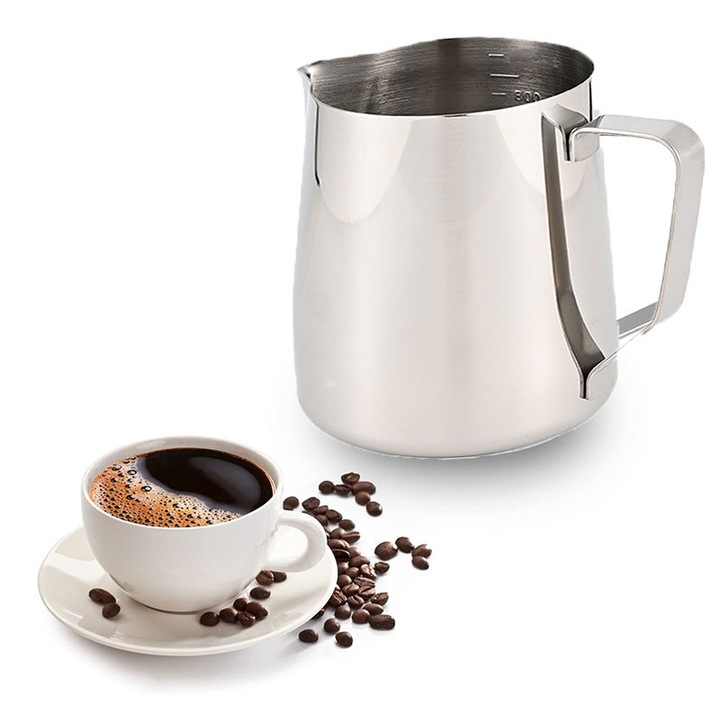 Cana din inox cu gradatie, JESWO®, Latiera pentru spumarea Lapte, 350ml, 10.5x10x7cm, Argintie