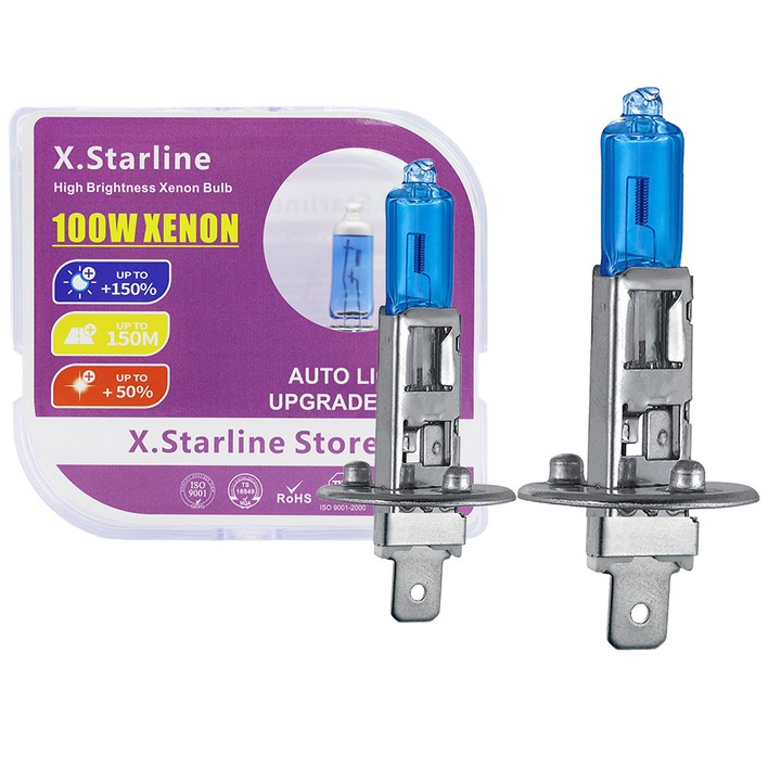 Set de 2 becuri cu halogen H1 super alb 4000K +150% 100W 12V P14.5S SET 2PCS Plastic，Starline