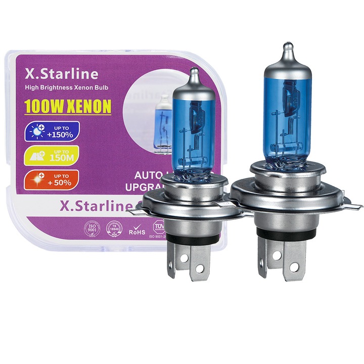 Комплект от 2 халогенни крушки H4 супер бяла 4000K +150% 100/90W 12V P43T КОМПЛЕКТ 2 БР. Пластмаса, Starline