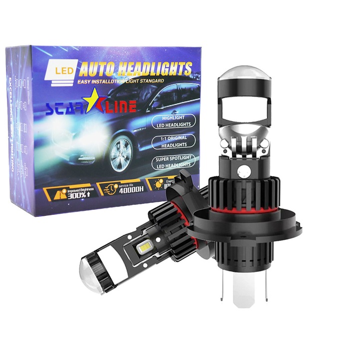 Set 2 becuri auto LED cu lupa, Plug And Play H4 12V 60W, 6000lm, 6500K, Copper substrat + Fan heat disipation, Canbus, No Error, +200%, SL-Q80