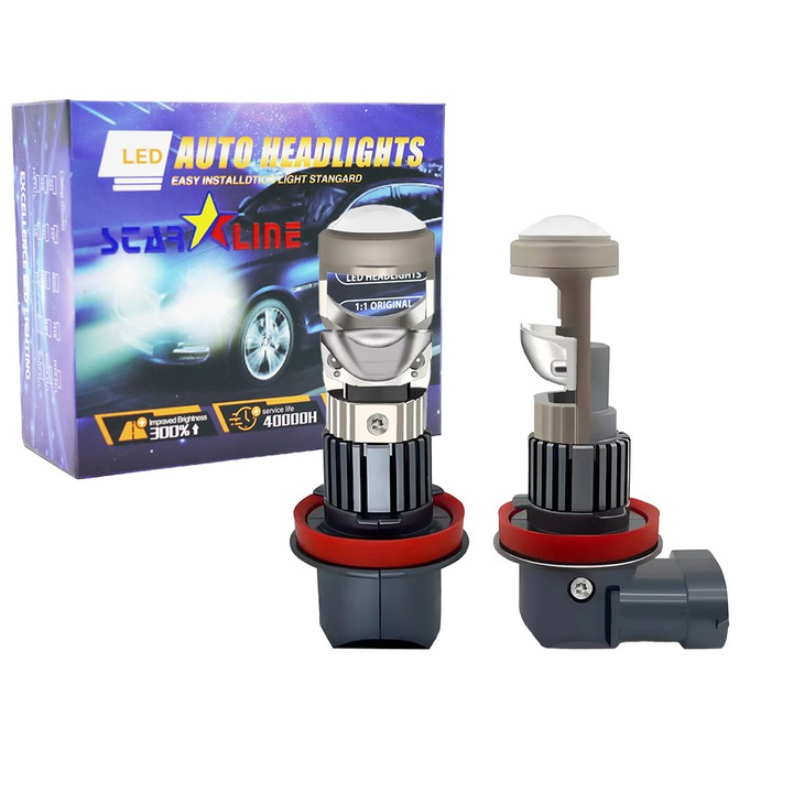 Set 2 becuri auto LED cu lupa, Plug And Play H11 12V 60W, 6000lm, 6500K, Copper substrat + Fan heat disipation, Canbus, No Error, +200%, SL-Q82