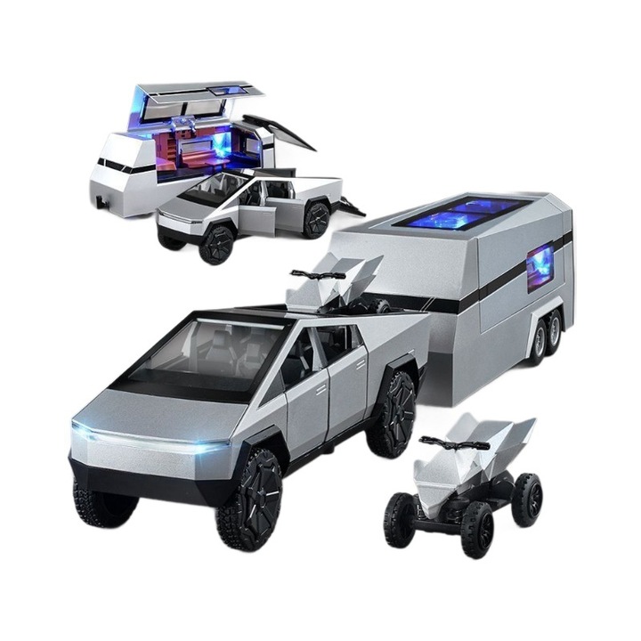 Играчка кола Tesla 1:32, 36×7.5×6.5 см, технология „издърпване назад“, възстановяване на детайлите на истинската кола, метал, включва ATV, каравана, движещи се части, движещи се колела, модел с орнаменти, сребърна