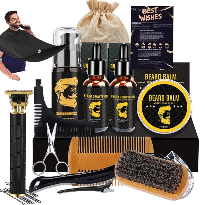 Set complet ingrijire barbati pentru barba si mustata, 15 piese, sampon, balsam, ulei, perie, piaptan, foarfeca, ingrediente organice, 60 ml，Aparat de ras electric