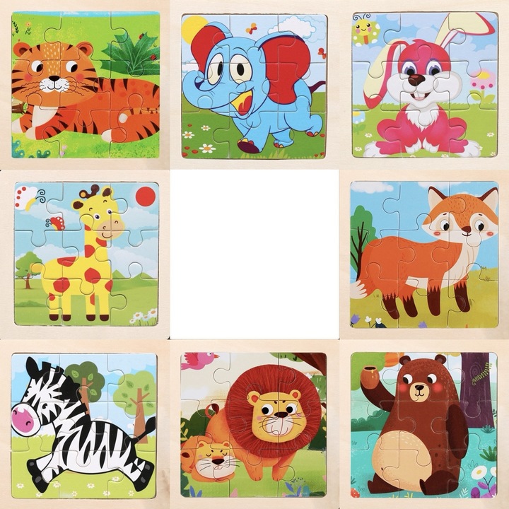 Karácsonyi ajándék, Oktató fa kirakó, Kognitív játékok 0-3 éves gyermekeknek, Koncentrációt és színérzékelést fejleszt, 8 féle erdei állatot tartalmaz, Szülő-gyermek interaktív ajándékok