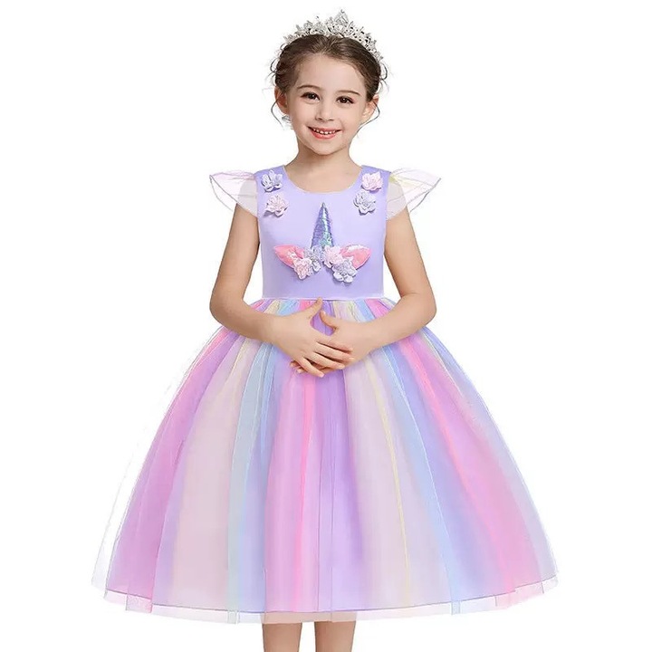 Set Rochie Fata Fantasy Unicorn My Little Pony, cu Pandantiv, Colier si Accesorii Par, Rochie Printesa Magica, Pentru Petreceri si Zilnic, 150cm (8-9 ani), Cadou Zi de Nastere sau Ziua Copilului