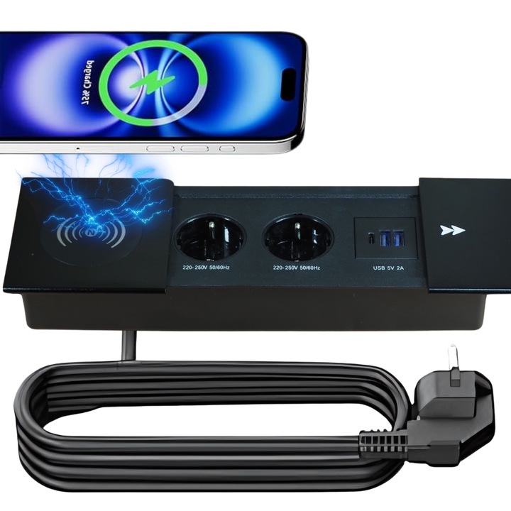 Настолен контакт с алуминиев капак, вградено безжично зареждане, система за странично плъзгане, европейски стандарт, черен