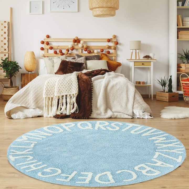 Covor rotund pentru copii, material plus si bumbac, roz alb, 81x81cm