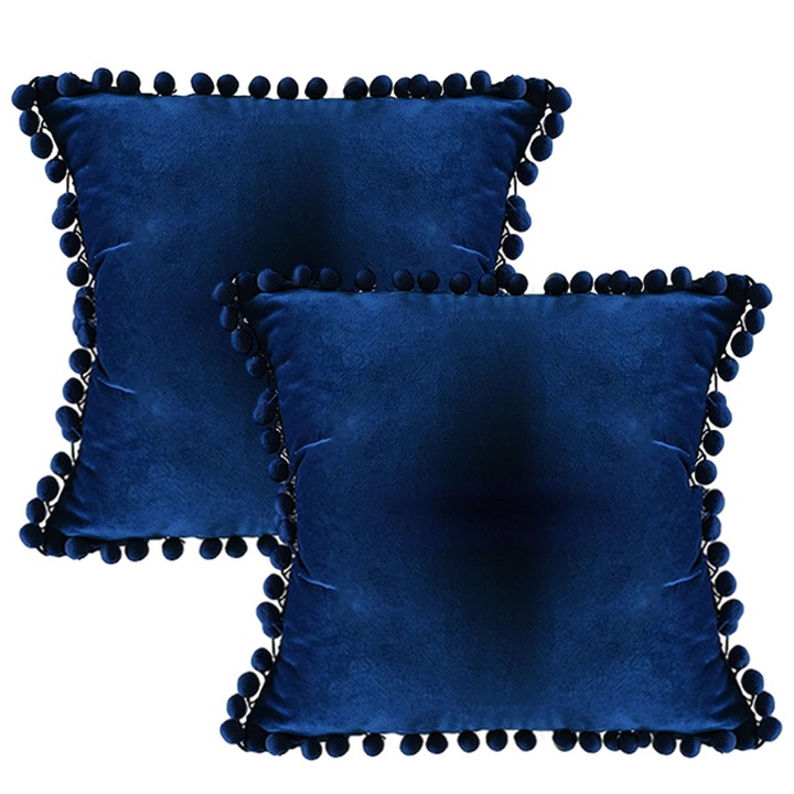 Fata de perna Decorte 20x20, pachet de 2 fete de perna patrate din catifea, confortabile si moi, cu pompoane, decor rustic pentru casa, albastru marin