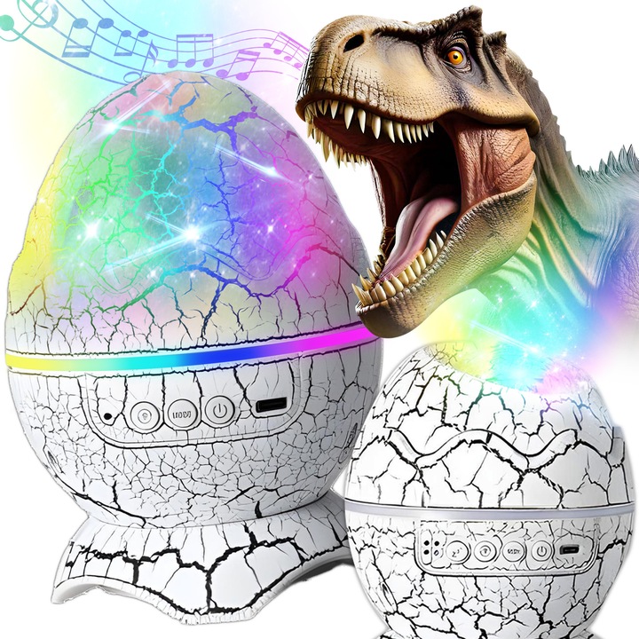 Proiector Stele Ou de Dinozaur 4 IN 1, Lampa veghe copii, Speaker Bluetooth, LED, 19 sunete relaxante, Rotatie 360°, 8 Proiectii si Culori cu 4 Luminozitati cu Telecomanda, Functie de Cronometru, Cablu de alimentare USB, Alb, Renew Force TYD-YHY-003