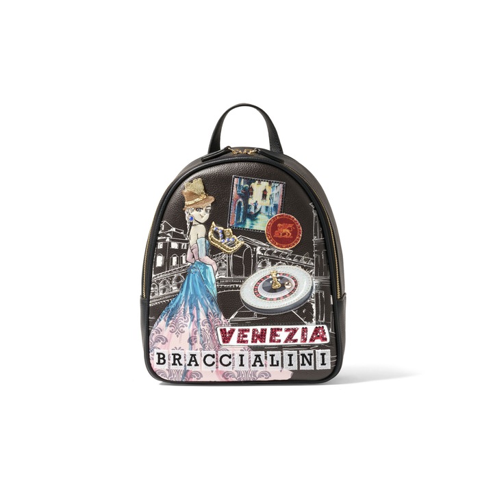 BRACCIALINI, Rucsac de piele ecologica cu model grafic, Multicolor