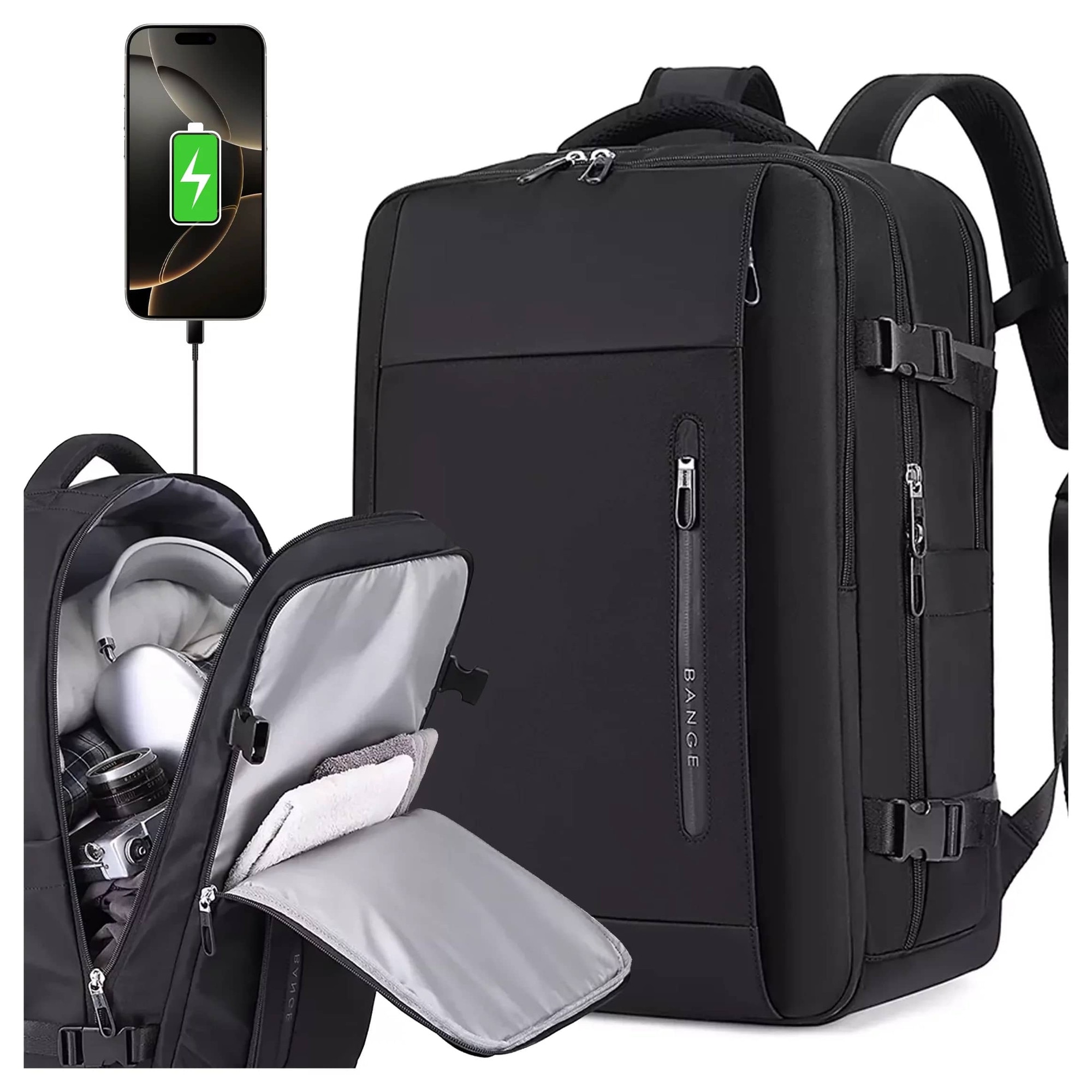 Rucsac Business Travel cu Port USB – pentru Laptop pana la 15.6” Impermeabil Spatios si Elegant compatibil WIzz Air si Ryan Air - negru