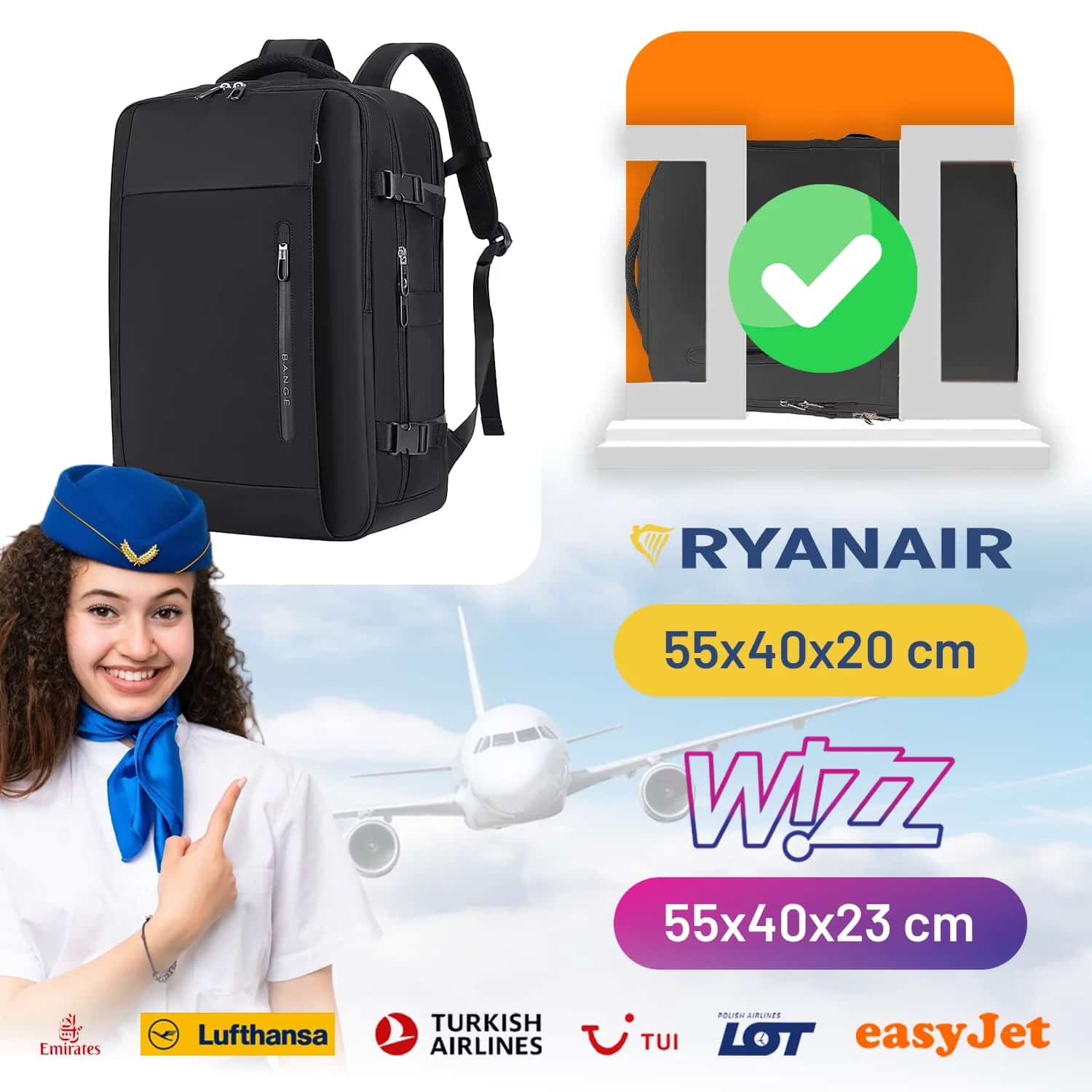 Rucsac Business Travel cu Port USB – pentru Laptop pana la 15.6” Impermeabil Spatios si Elegant compatibil WIzz Air si Ryan Air - negru