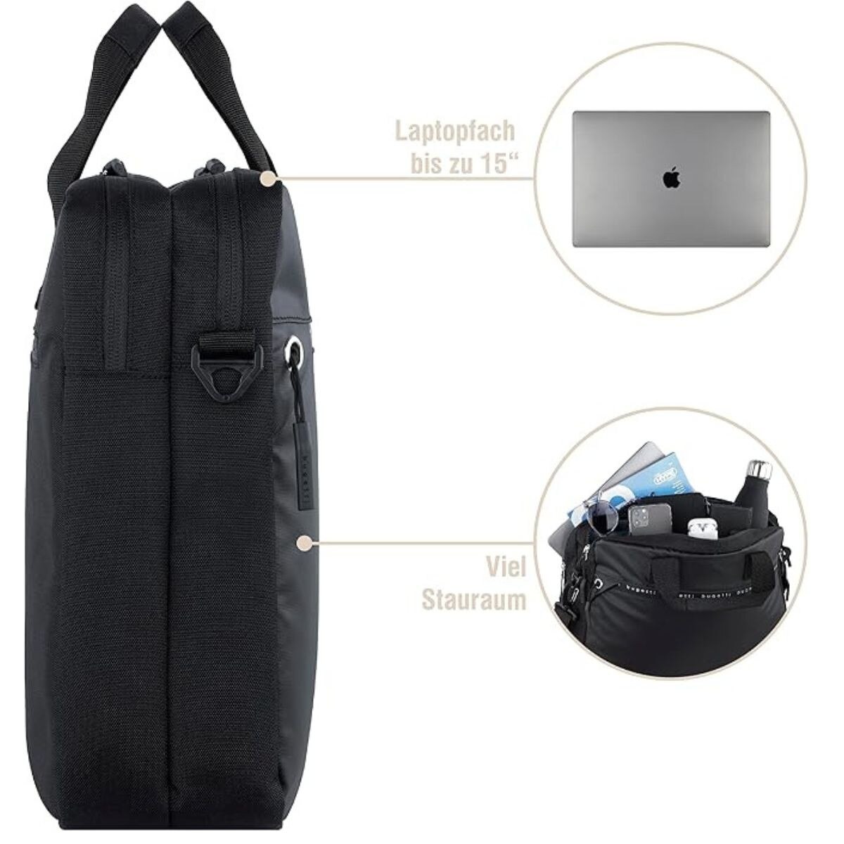 Geanta pentru Laptop moderna Bugatti, seria Blanc Delight, 494510, Neagra, Curea Reglabila, Buzunare Multiple