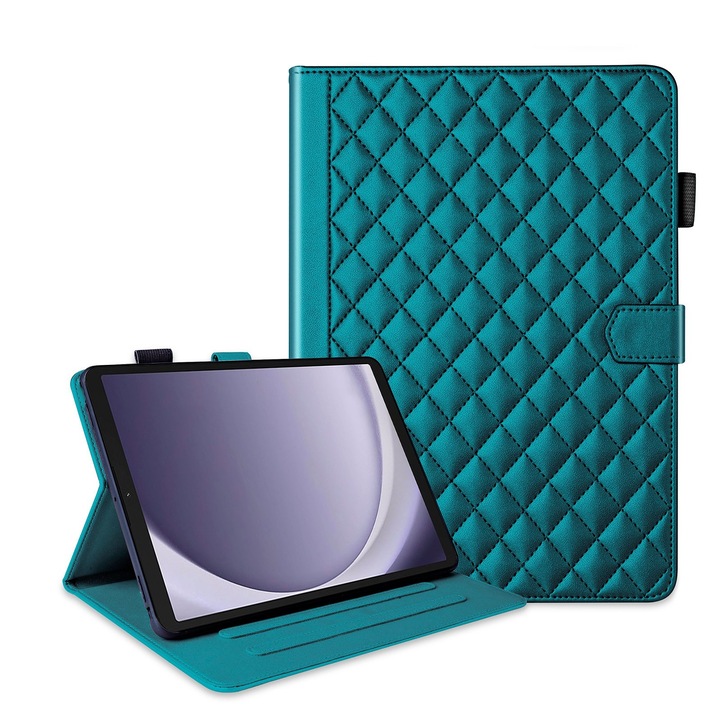 Husa tableta compatibila cu Samsung Galaxy Tab A9, piele ecologica, tip carte, design cu model rhombus, verde inchis