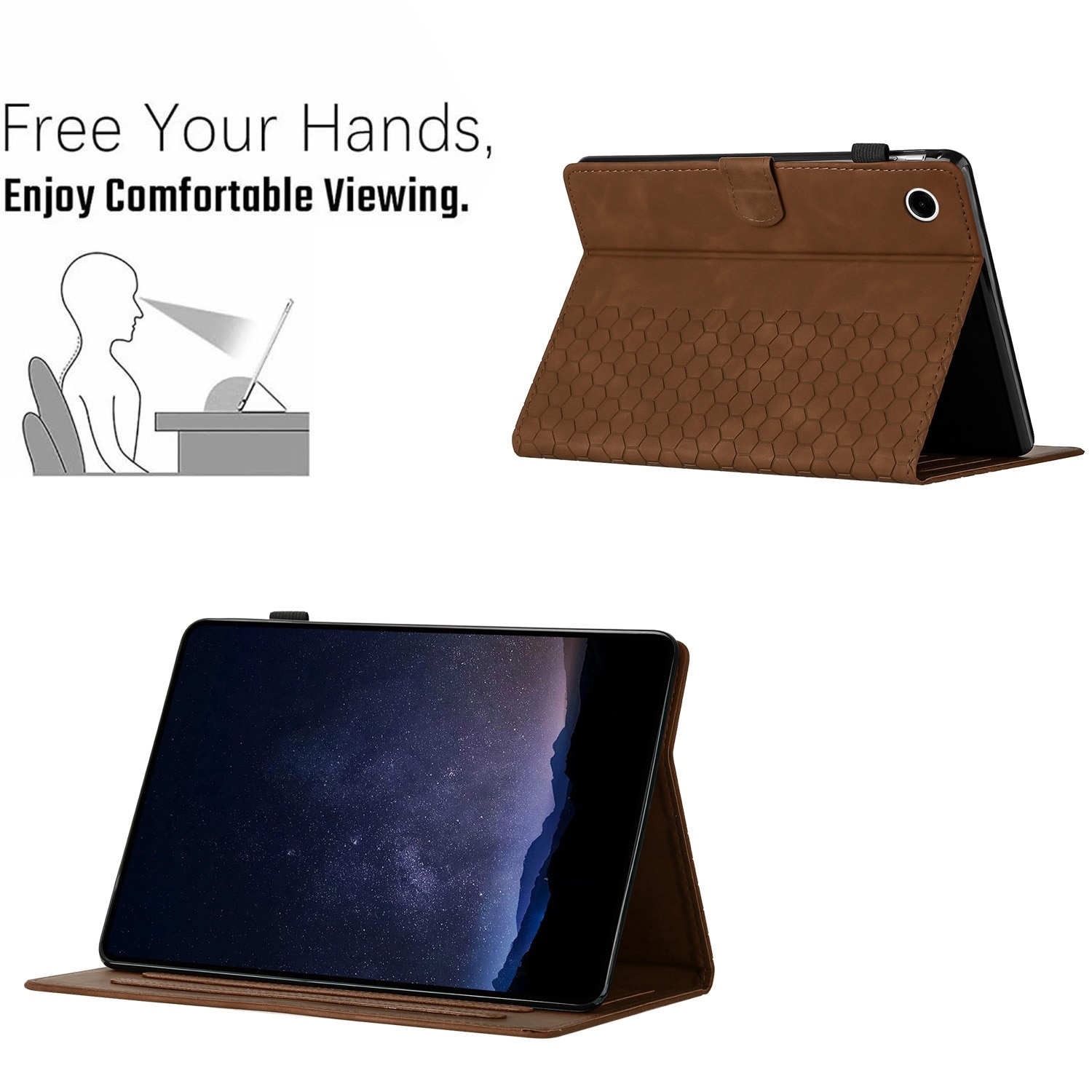 Husa tableta pentru Huawei MatePad T10, piele embosata tip fagure de miere, capac cartier cu suport, maro