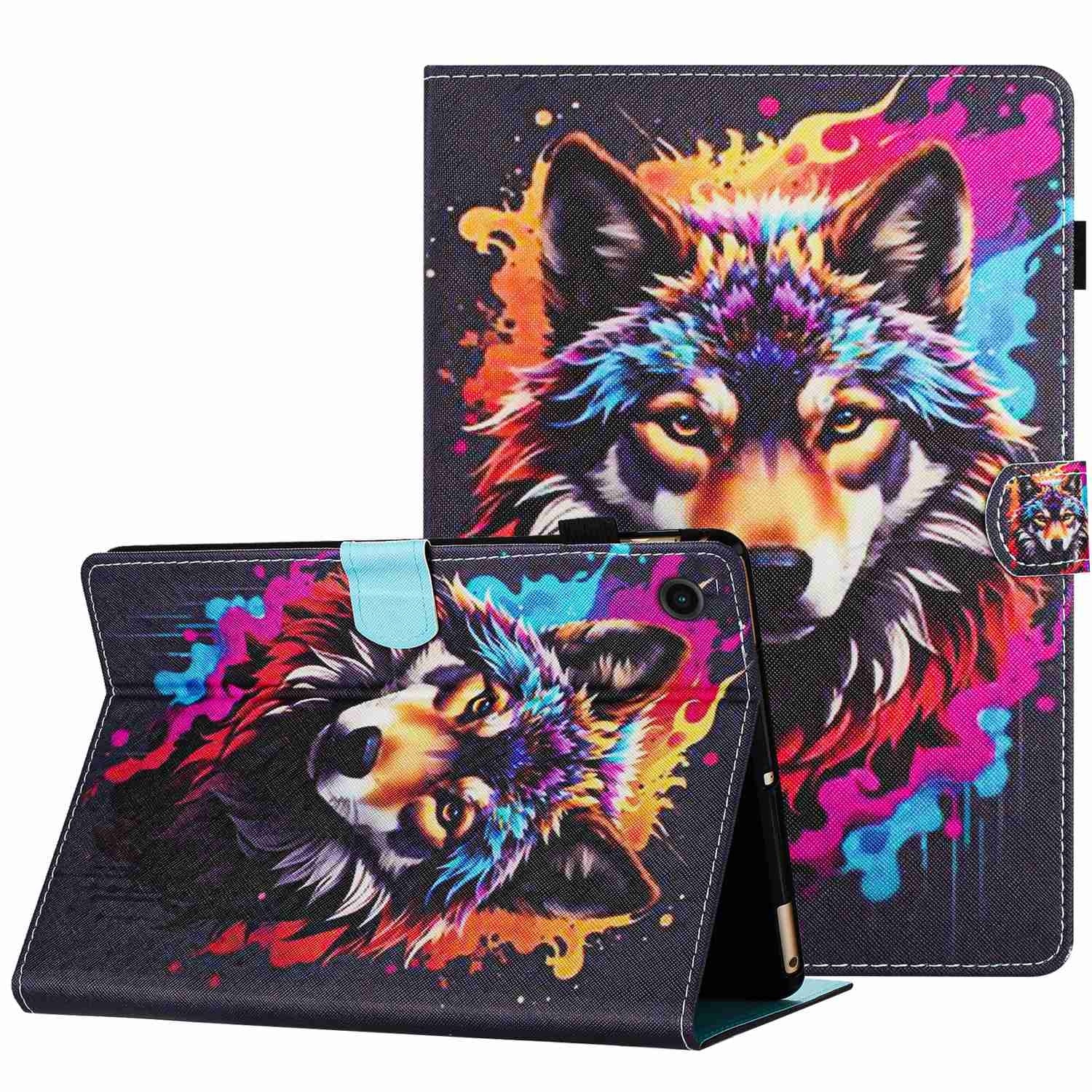 Husa tableta pentru Huawei MatePad T10s / T10, piele cu model pictat si cusaturi, capac magnet, protectie completa, compatibila cu Huawei MatePad T10s / T10, model „lup colorat”
