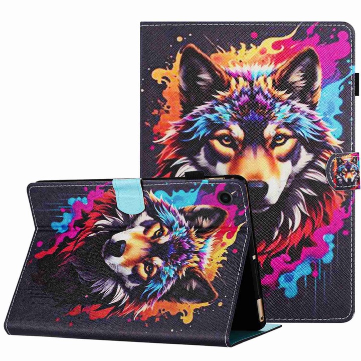 Husa tableta pentru Huawei MatePad T10s / T10, piele cu model pictat si cusaturi, capac magnet, protectie completa, compatibila cu Huawei MatePad T10s / T10, model „lup colorat”