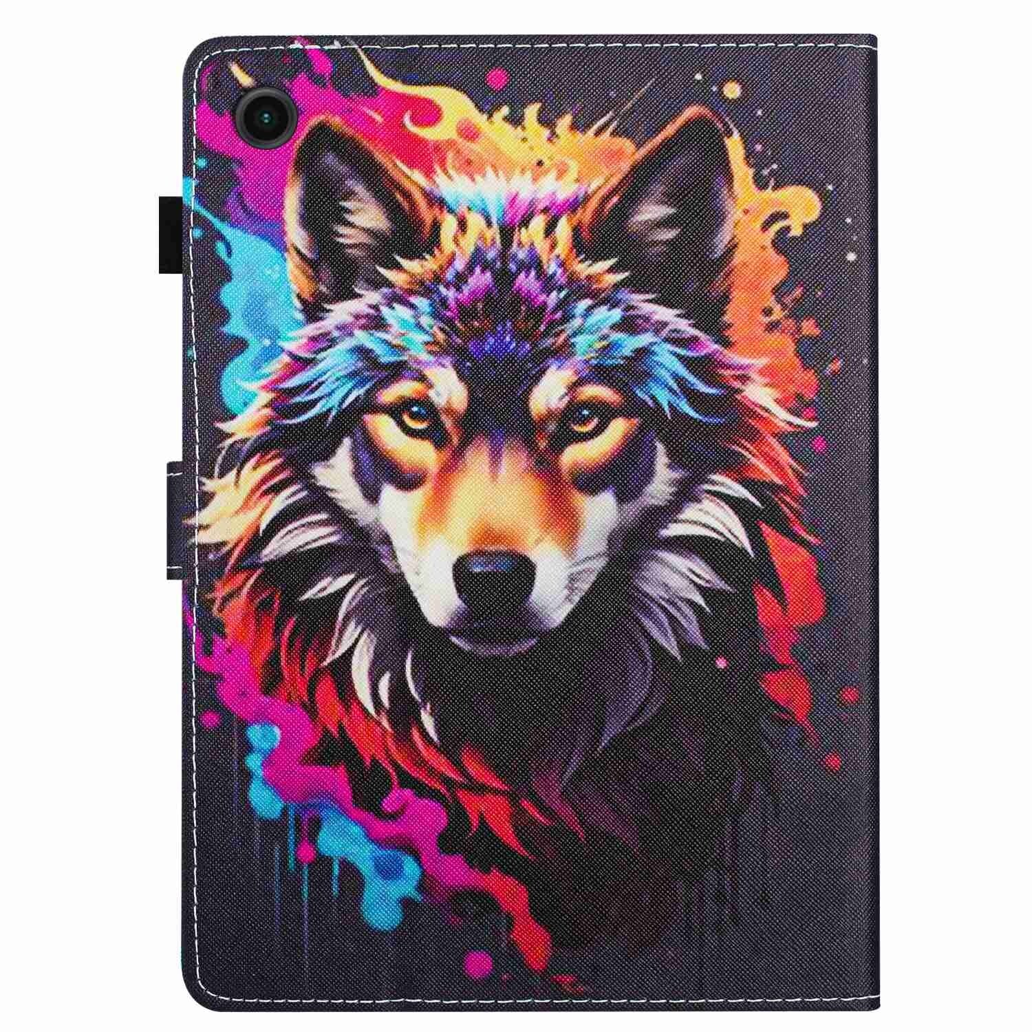 Husa tableta pentru Huawei MatePad T10s / T10, piele cu model pictat si cusaturi, capac magnet, protectie completa, compatibila cu Huawei MatePad T10s / T10, model „lup colorat”