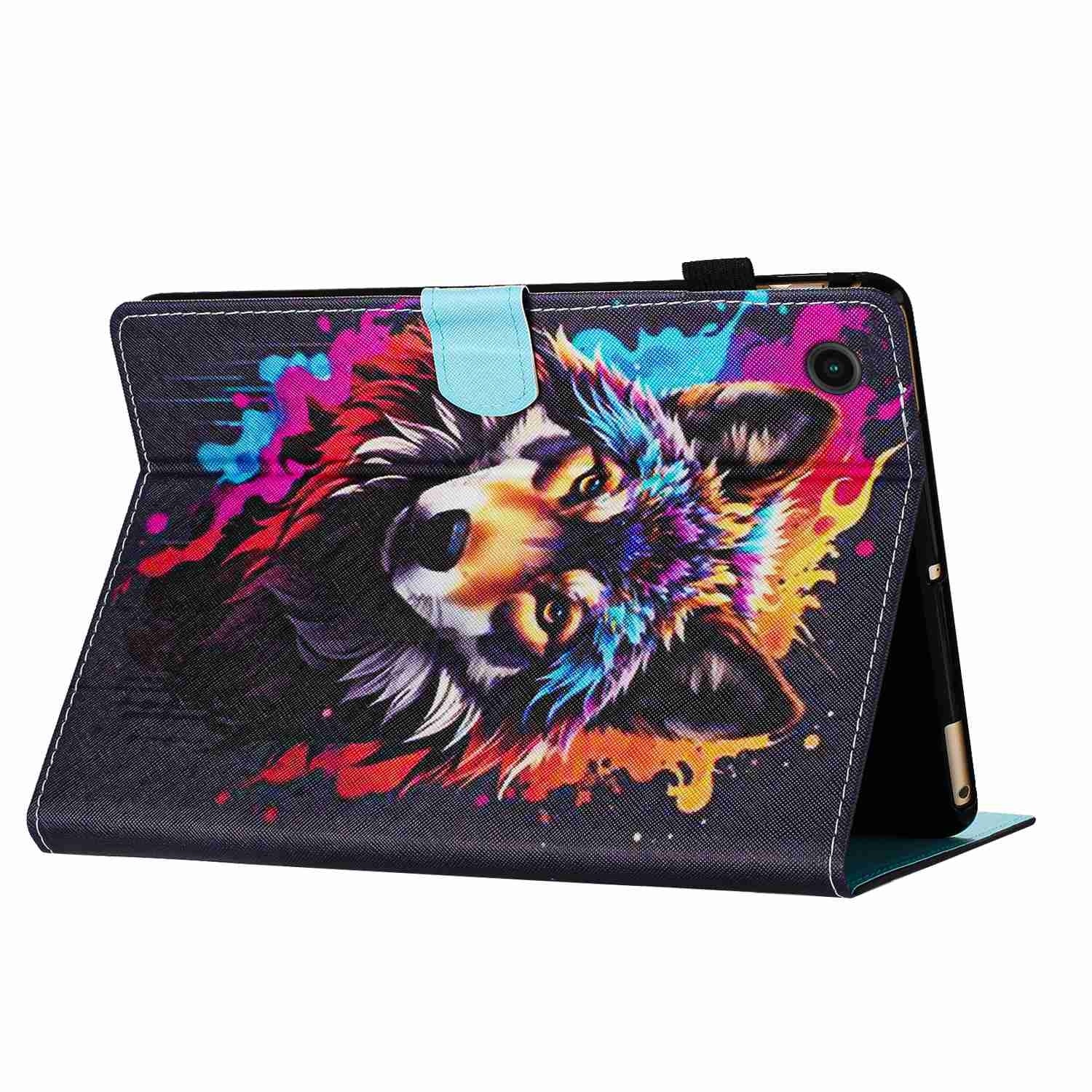 Husa tableta pentru Huawei MatePad T10s / T10, piele cu model pictat si cusaturi, capac magnet, protectie completa, compatibila cu Huawei MatePad T10s / T10, model „lup colorat”