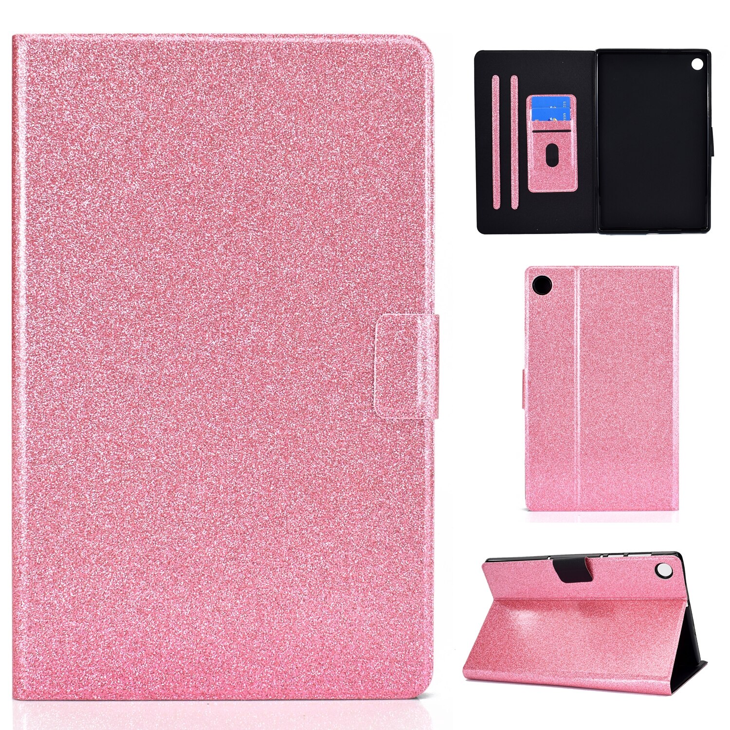Husa tableta compatibila cu Samsung Galaxy Tab A9+, piele cu sclipici, functie auto sleep/wake, roz