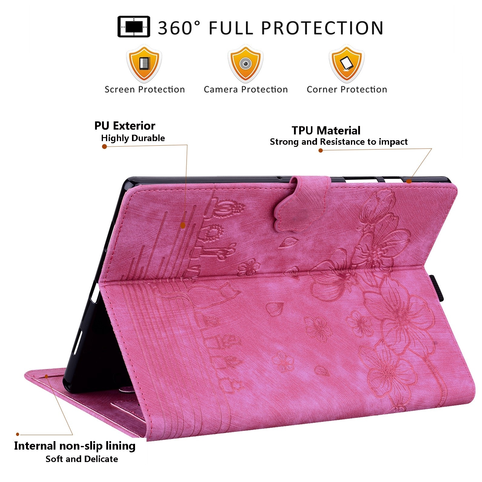 Husa tableta pentru Lenovo Tab P12 12.7, piele gravata cu imagine de pisica sakura, roz pal
