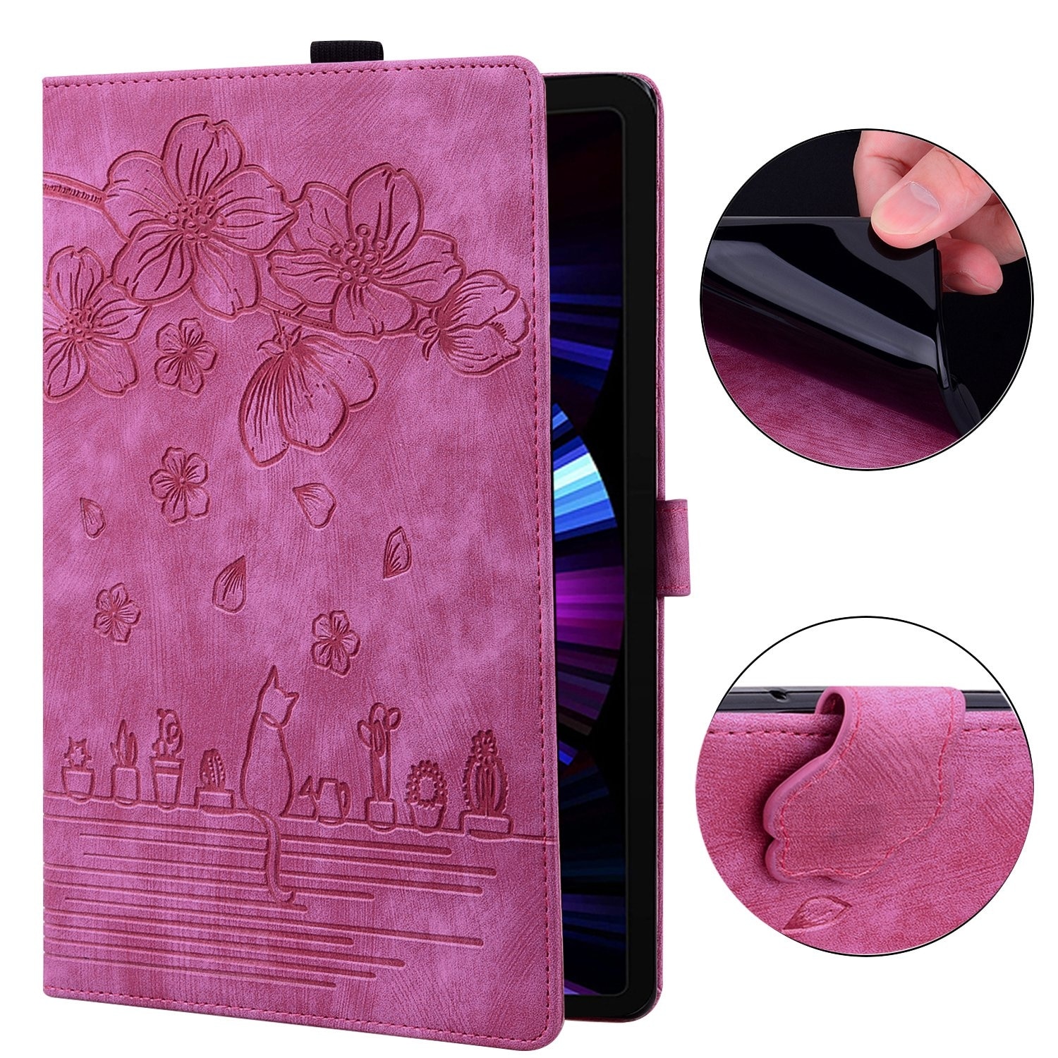 Husa tableta pentru Lenovo Tab P12 12.7, piele gravata cu imagine de pisica sakura, roz pal