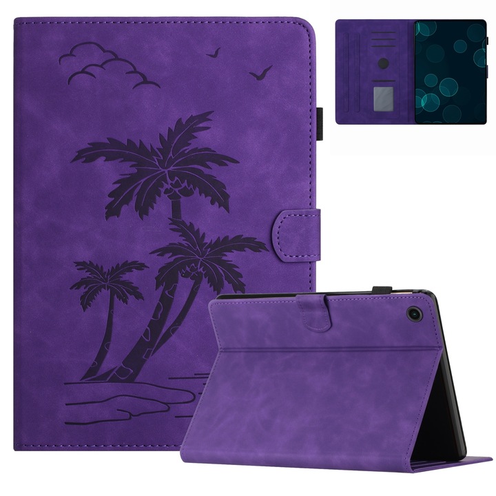 Husa tableta compatibila cu Samsung Galaxy Tab A9, piele ecologica, design cu copaci de cocos, inchidere magnetica, violet