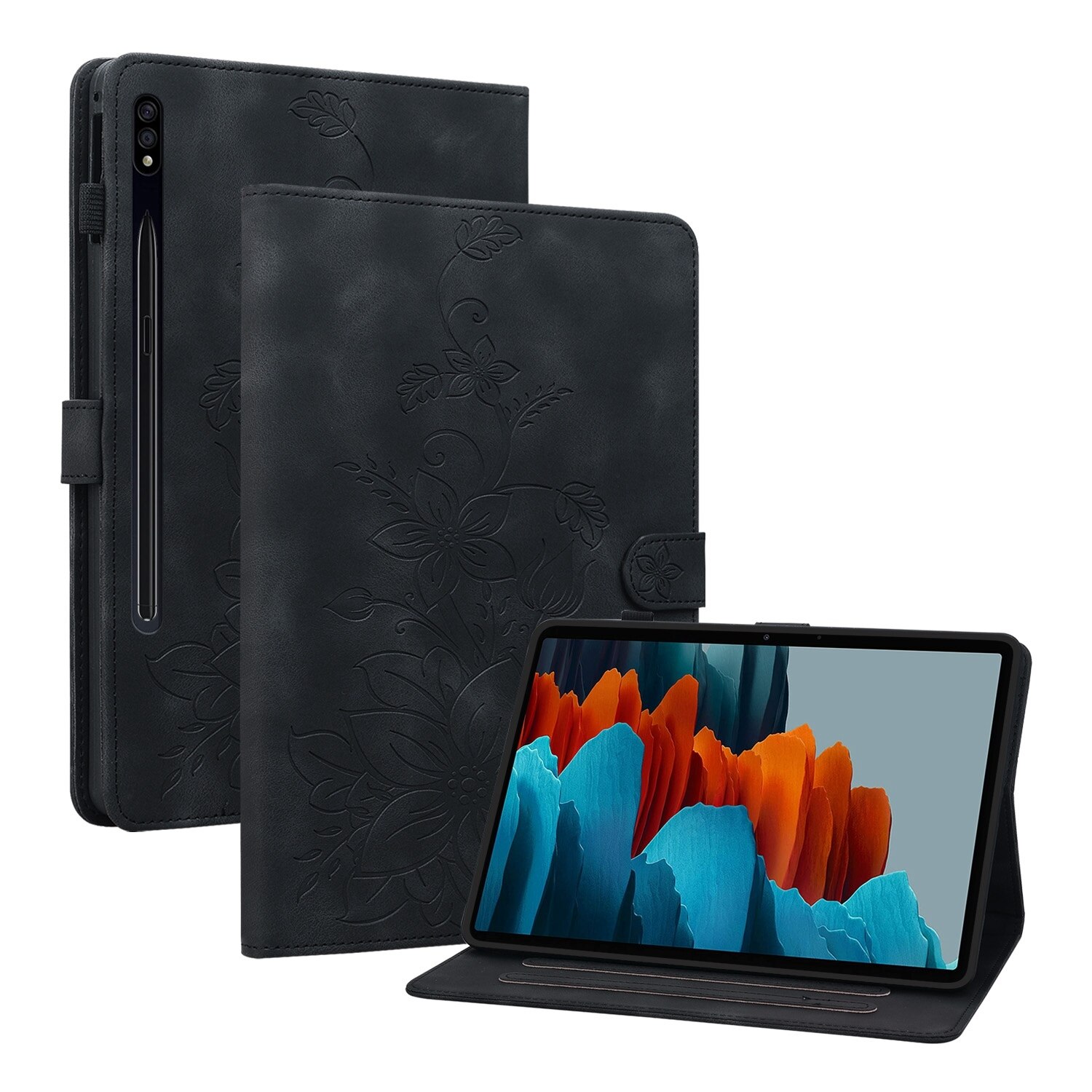 Husa tableta compatibila cu Samsung Galaxy Tab S7 FE/S8+/S7+, piele gravata cu motive florale, neagra