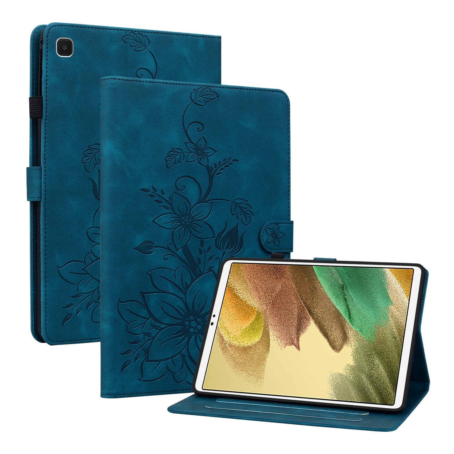 Husa tableta compatibila cu Samsung Galaxy Tab S5e T720, din piele gravata cu crini, albastru inchis