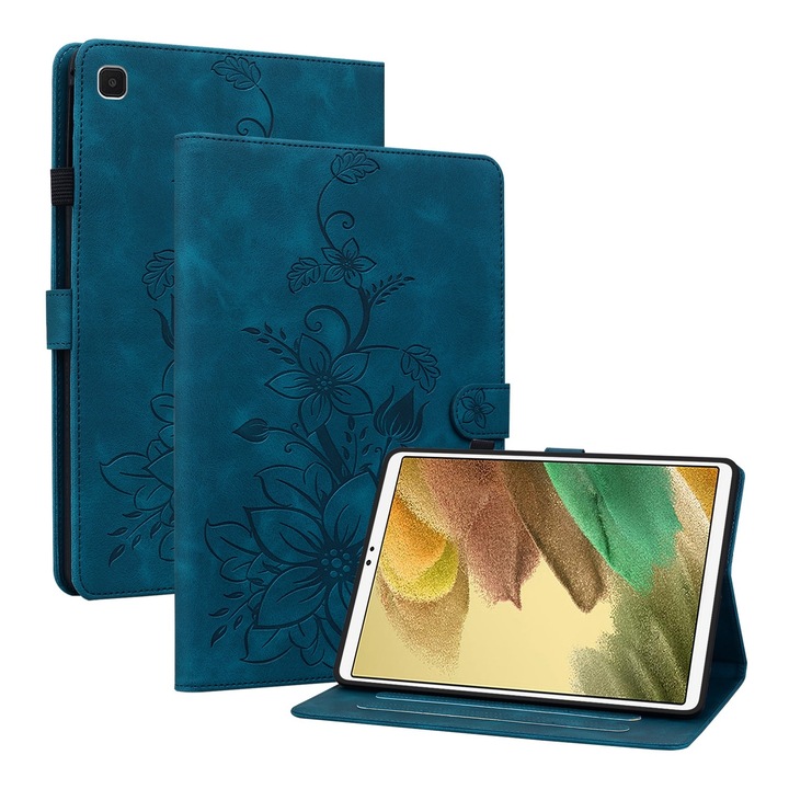 Husa tableta compatibila cu Samsung Galaxy Tab S5e T720, din piele gravata cu crini, albastru inchis