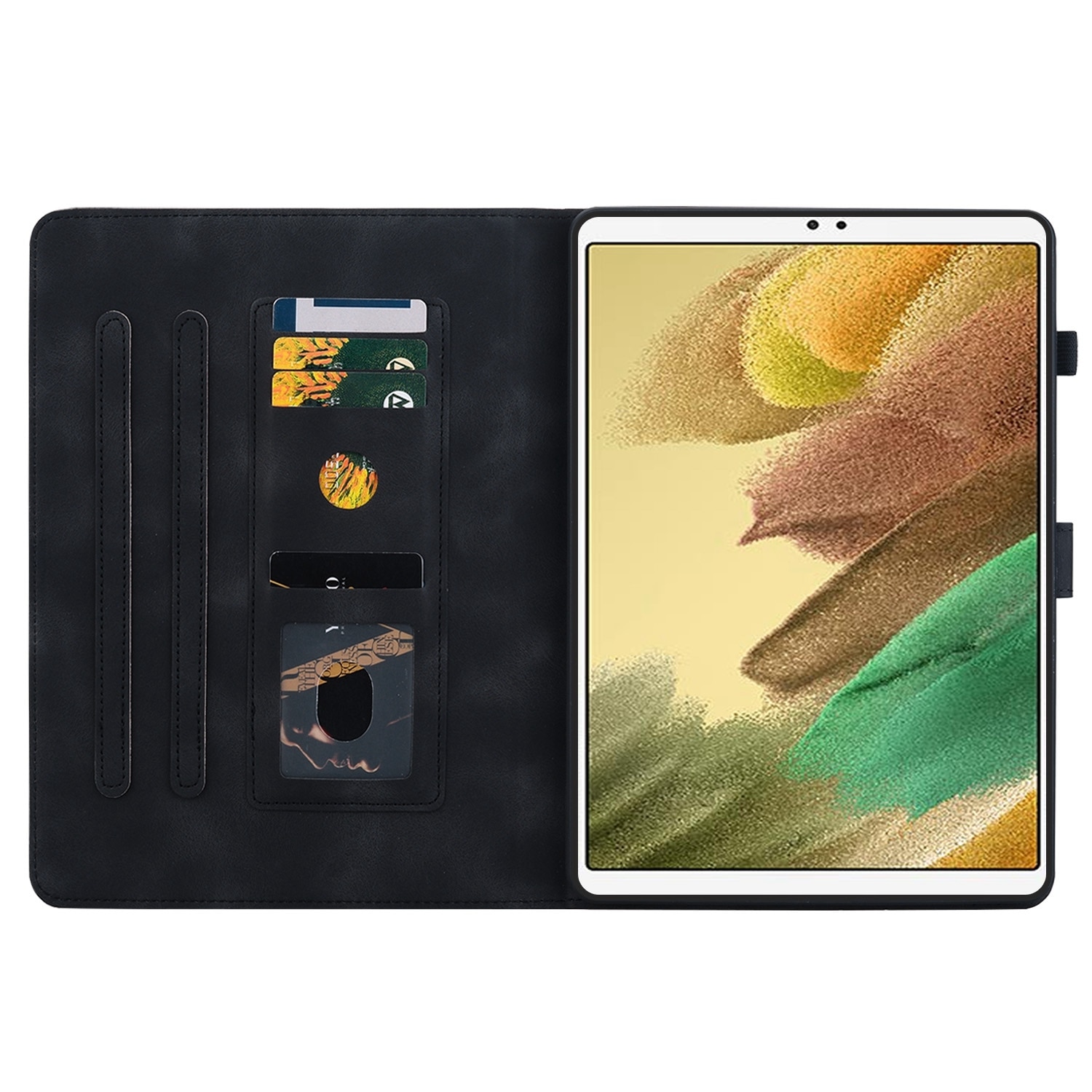 Husa tableta compatibila cu Samsung Galaxy Tab S5e T720, din piele gravata cu crini, albastru inchis