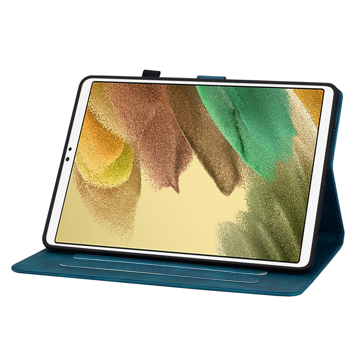 Husa tableta compatibila cu Samsung Galaxy Tab S5e T720, din piele gravata cu crini, albastru inchis