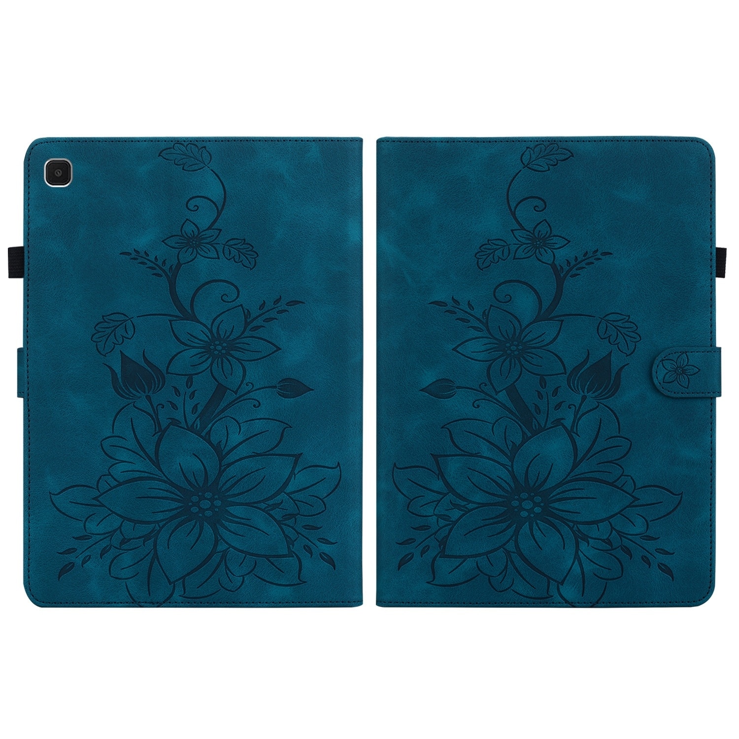 Husa tableta compatibila cu Samsung Galaxy Tab S5e T720, din piele gravata cu crini, albastru inchis