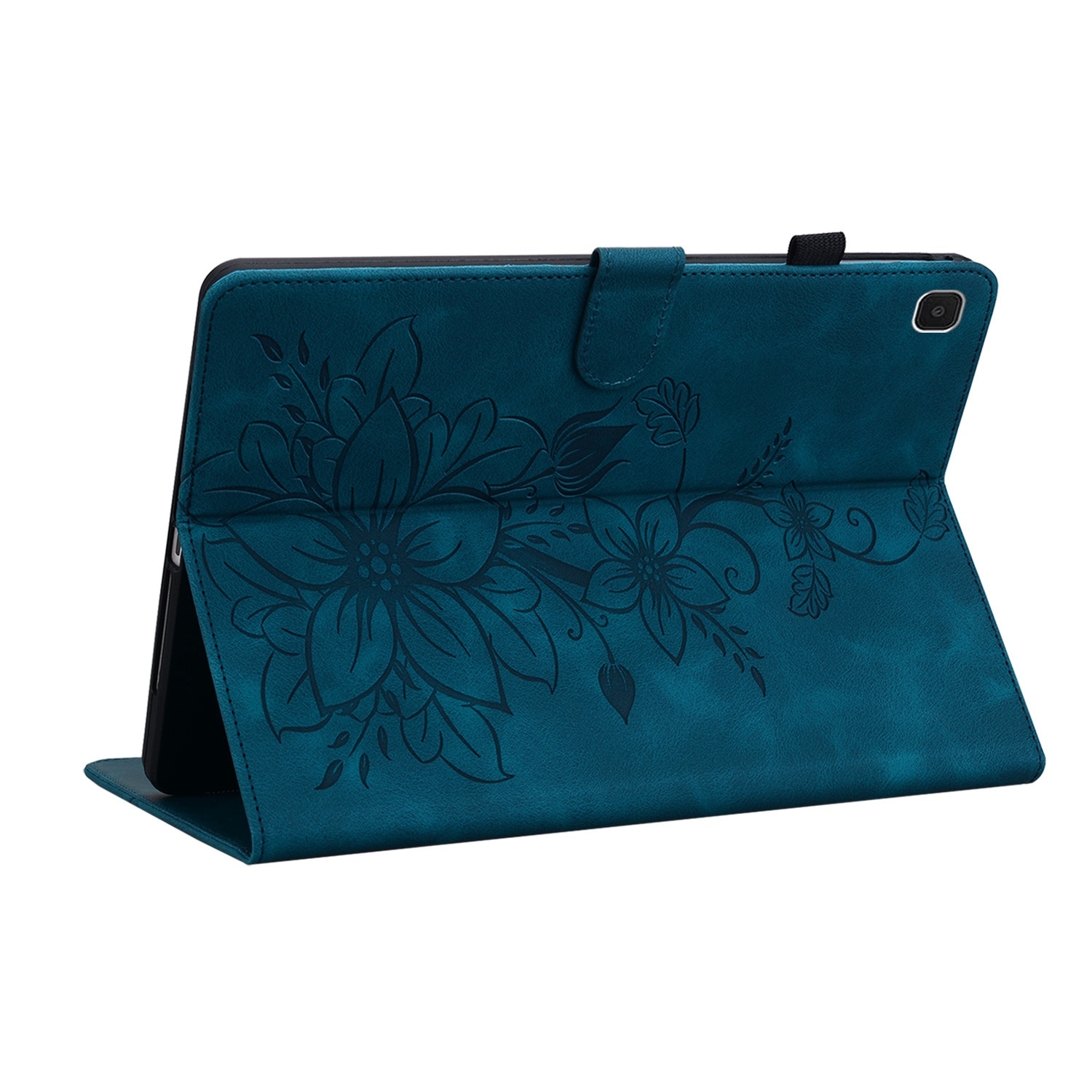 Husa tableta compatibila cu Samsung Galaxy Tab S5e T720, din piele gravata cu crini, albastru inchis
