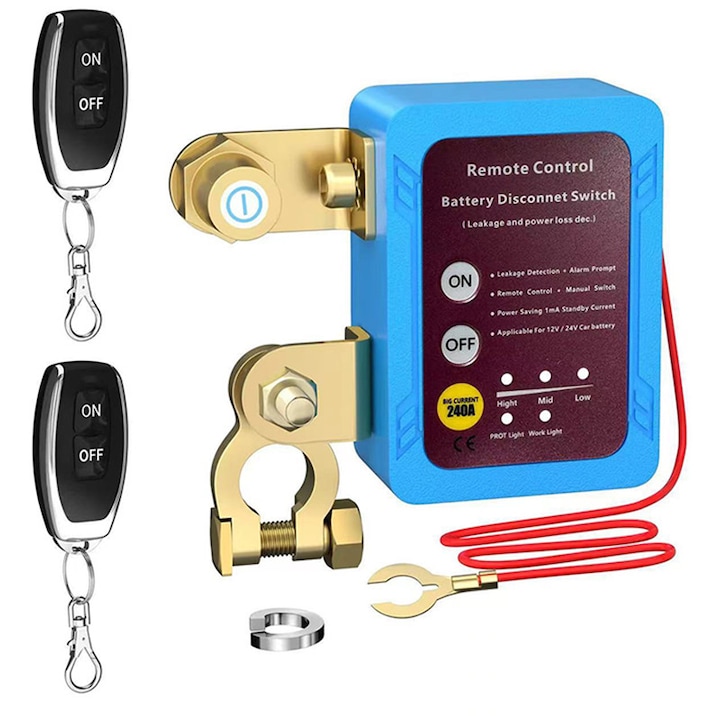 Comutator de deconectare baterie cu telecomanda, Rqiurpn, Afisaj LED tensiune, 12V 240A, Automat, Control la distanta, Antifurt, Universal, Pentru masini, barci, ATV-uri, Albastru